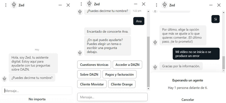 Chat de DAZN Ejemplo de una conversación con el chat de DAZN
