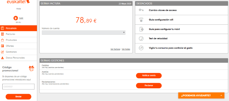 Panel de control dl Área de Clientes Euskaltel