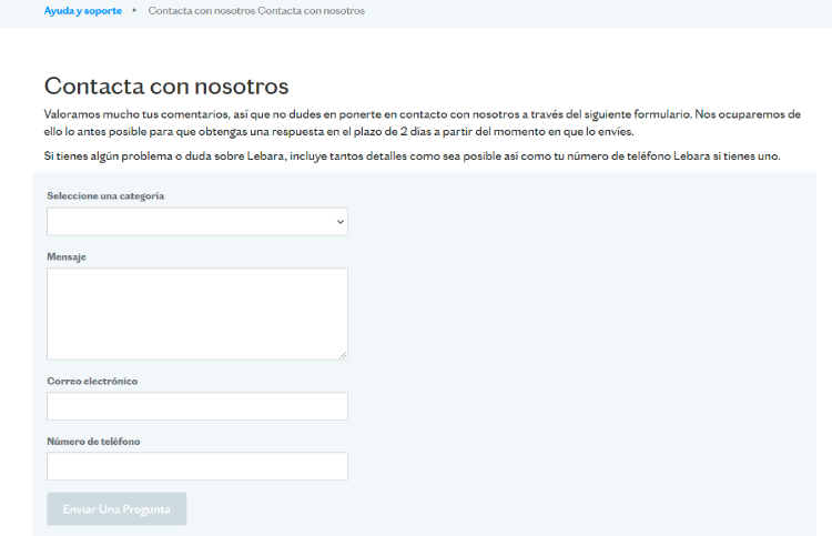 Formulario de Atención al Cliente de Lebara