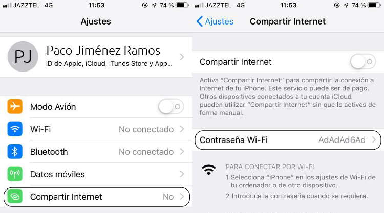 compartir datos con iphone