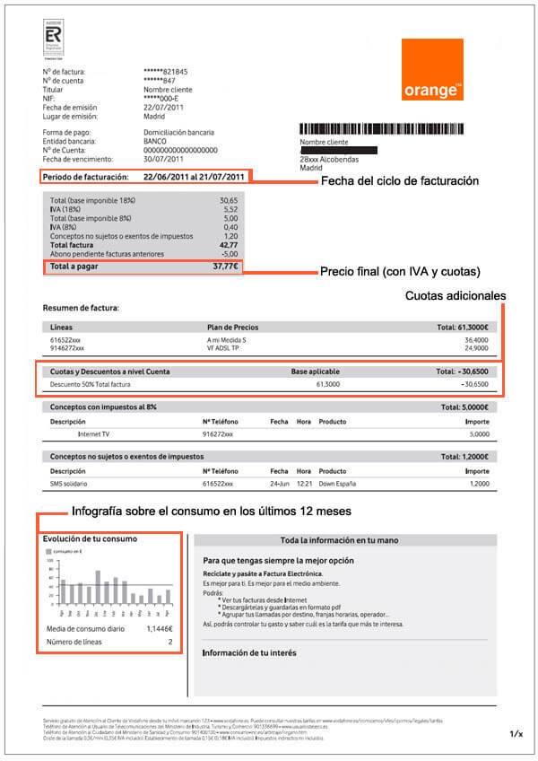 Factura de un cliente de Orange