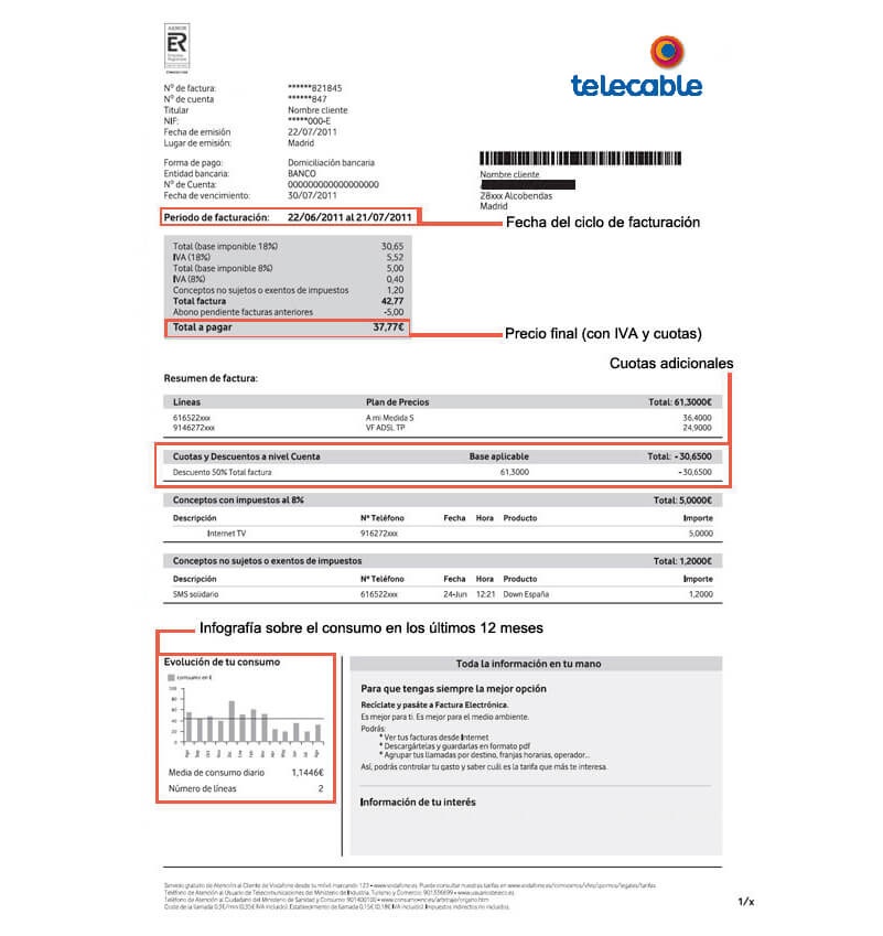 Ejemplo de factura telecable por delante